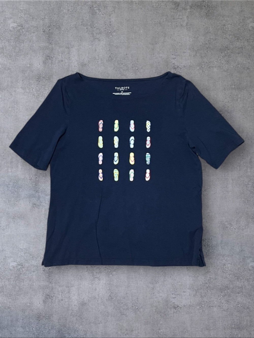 Navy Flip Flop Talbots Petites Sz LP 100% Cotton Graphic T-Shirt
